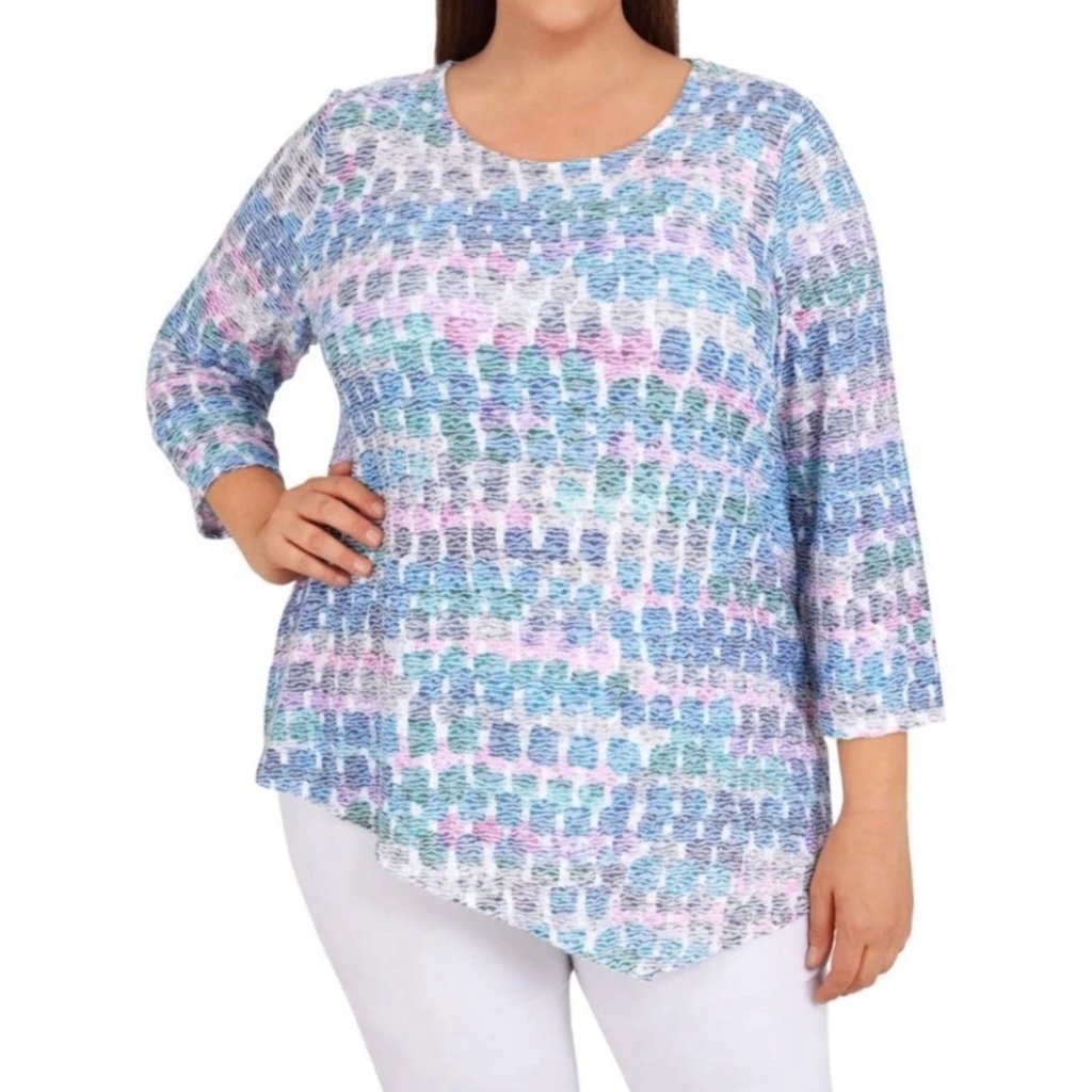 Alfred Dunner 2x Womens Textured 3/4 Sleeve Tunic Top Stretch Asymmetrical Plus